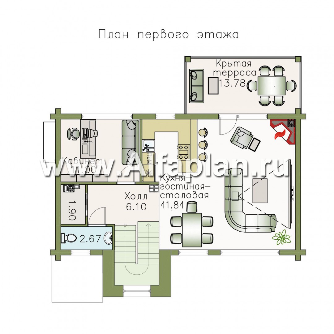 «АльфаВУД» - проект дома с мансардой, из дерева, на цоколе из кирпича, с сауной и с гаражом - план дома