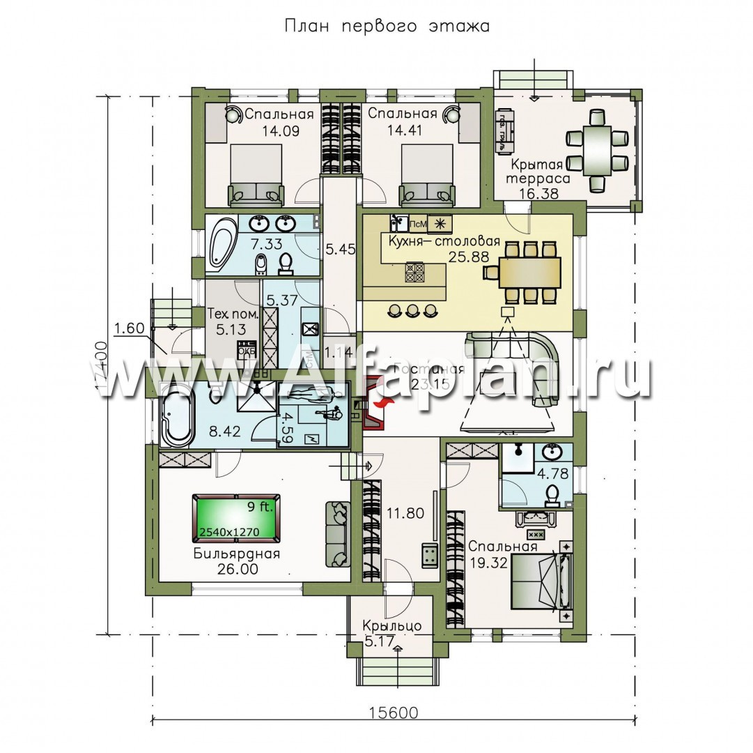 Проекты домов Альфаплан - «Днестр» - одноэтажный коттедж с бильярдной и сауной - план проекта №1