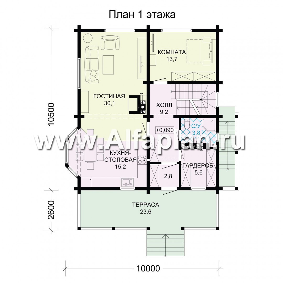 Проекты домов Альфаплан - Компактный деревянный дом с цоколем - план проекта №2