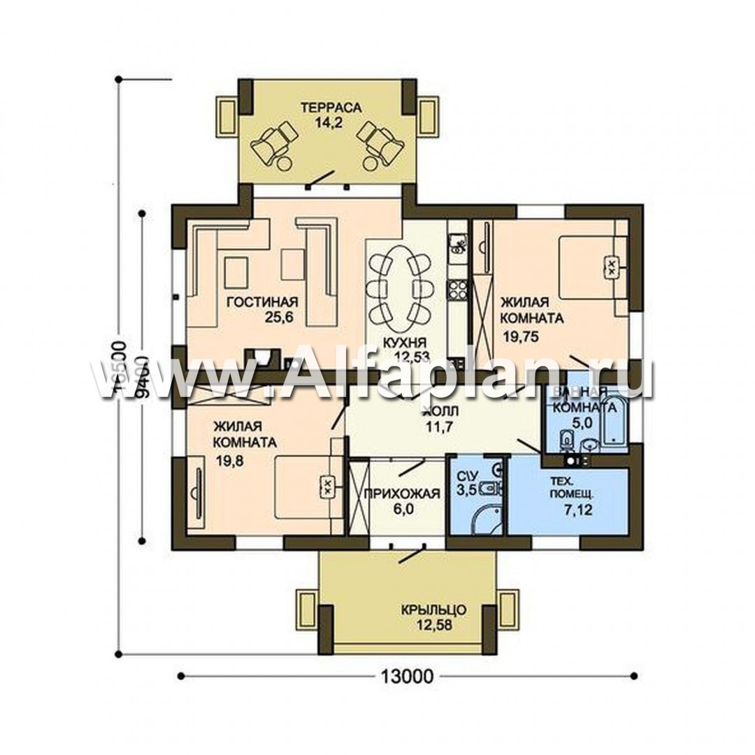 Проекты домов Альфаплан - Компактный одноэтажный дом для небольшой семьи - план проекта №1