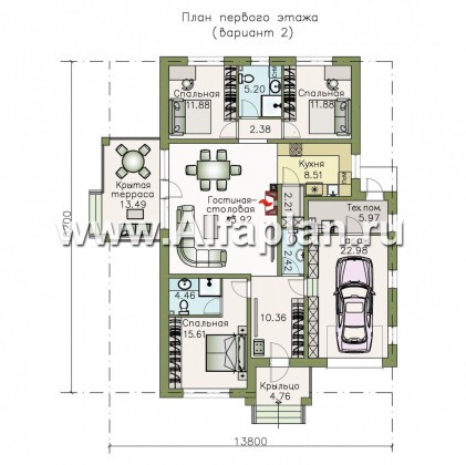 Проекты домов Альфаплан - «Пассия» - одноэтажный коттедж с гаражом и террасой - превью плана проекта №2