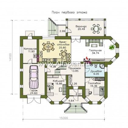 Проекты домов Альфаплан - «Амбиент» - амбиционый дом с двумя мощными эркерами - превью плана проекта №1