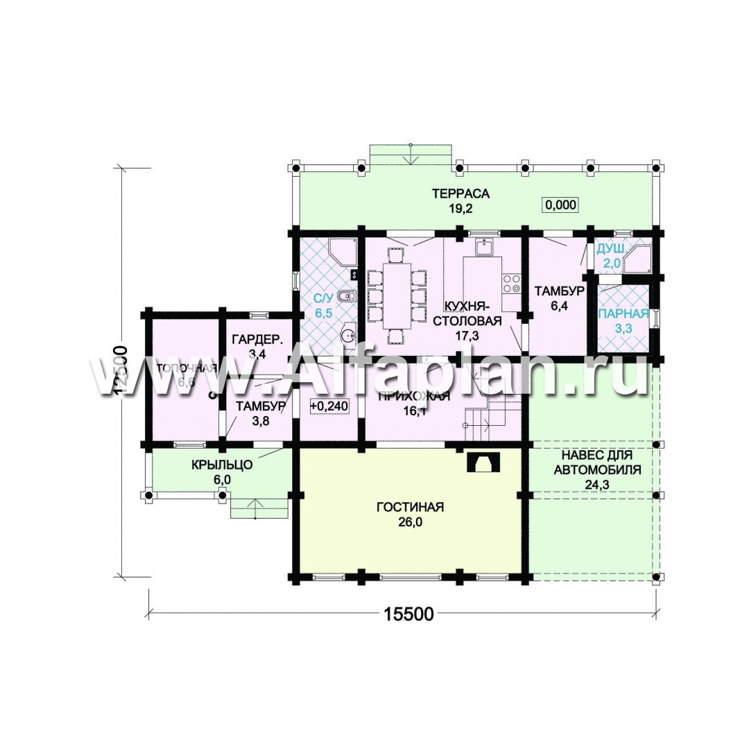Проекты домов Альфаплан - Деревянный дом с террасой и навесом для машины - план проекта №1
