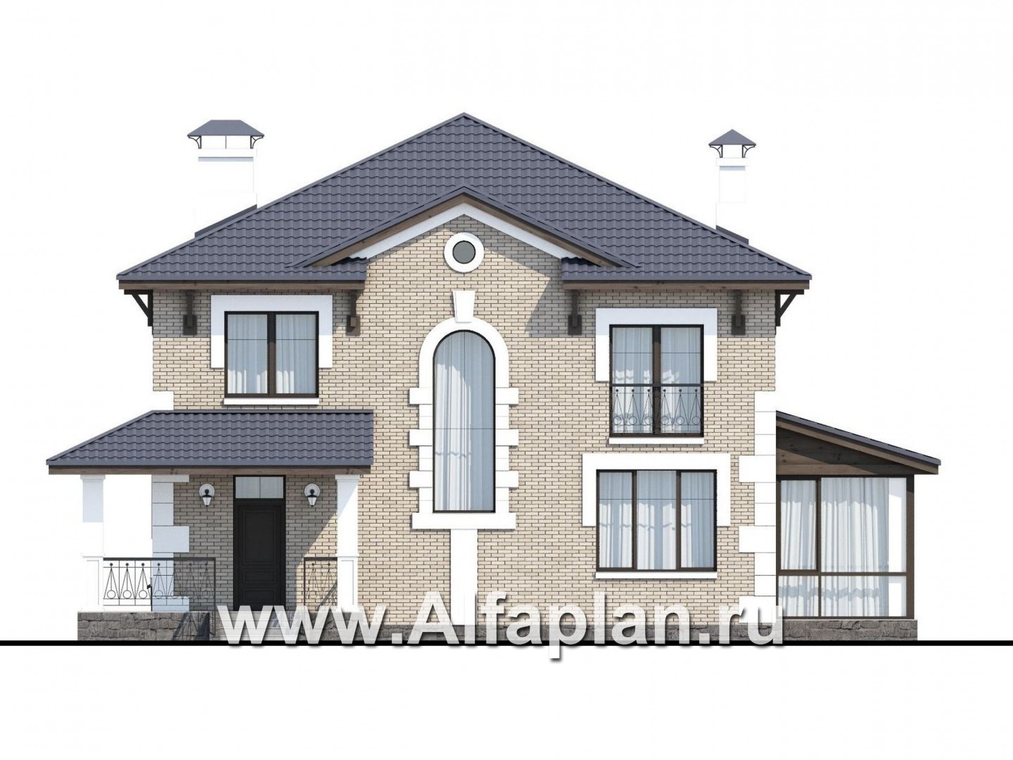 Проекты домов Альфаплан - «Земляничная поляна» - двухэтажный коттедж с большой верандой - изображение фасада №1