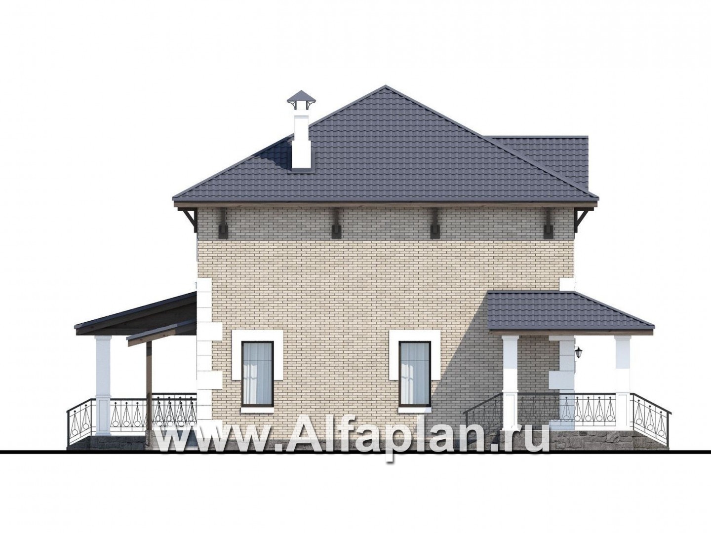 Проекты домов Альфаплан - «Земляничная поляна» - двухэтажный коттедж с большой верандой - изображение фасада №3