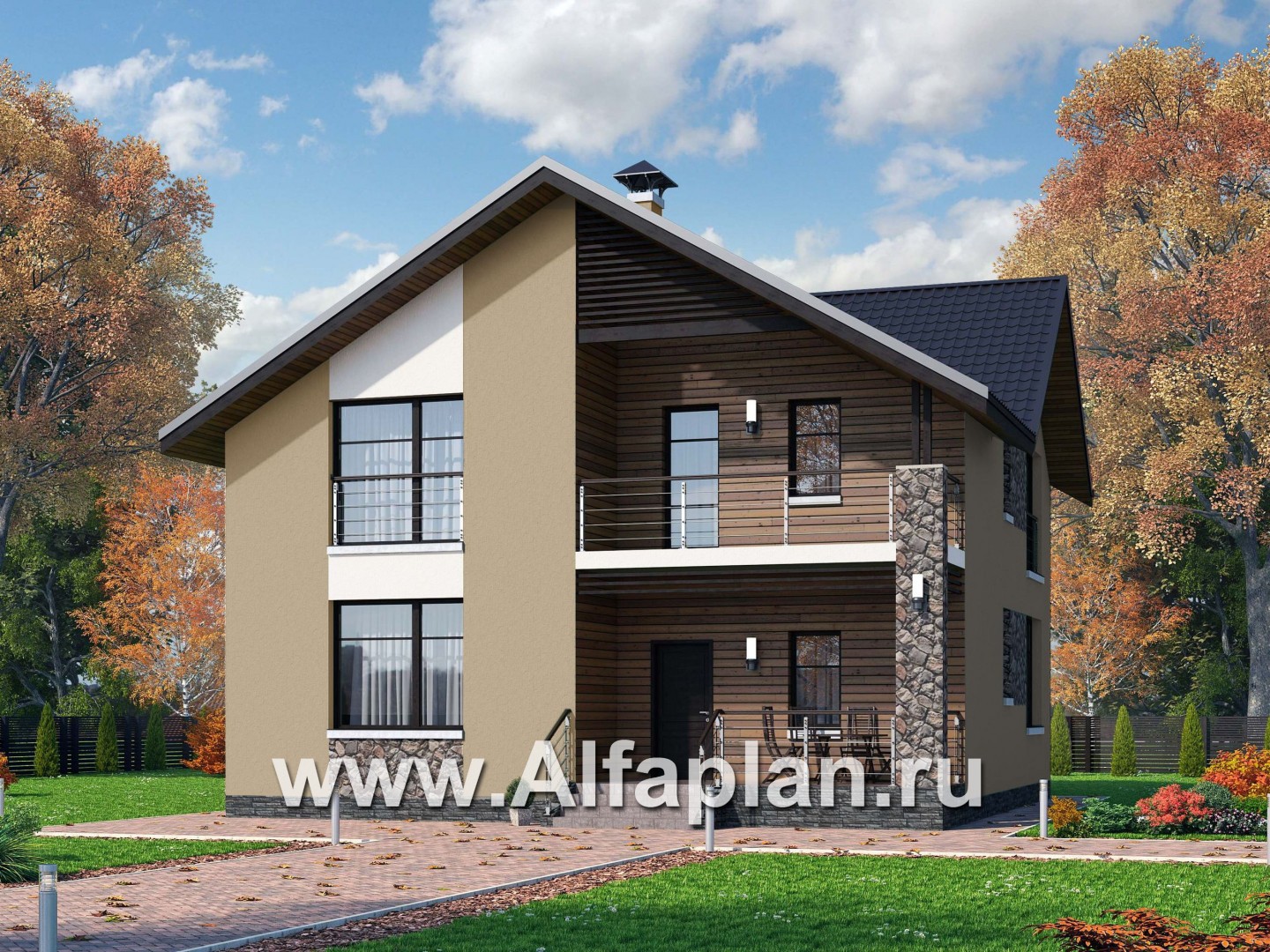 Проекты домов Альфаплан - «Заря» - уютный мансардный дом с балконом - основное изображение