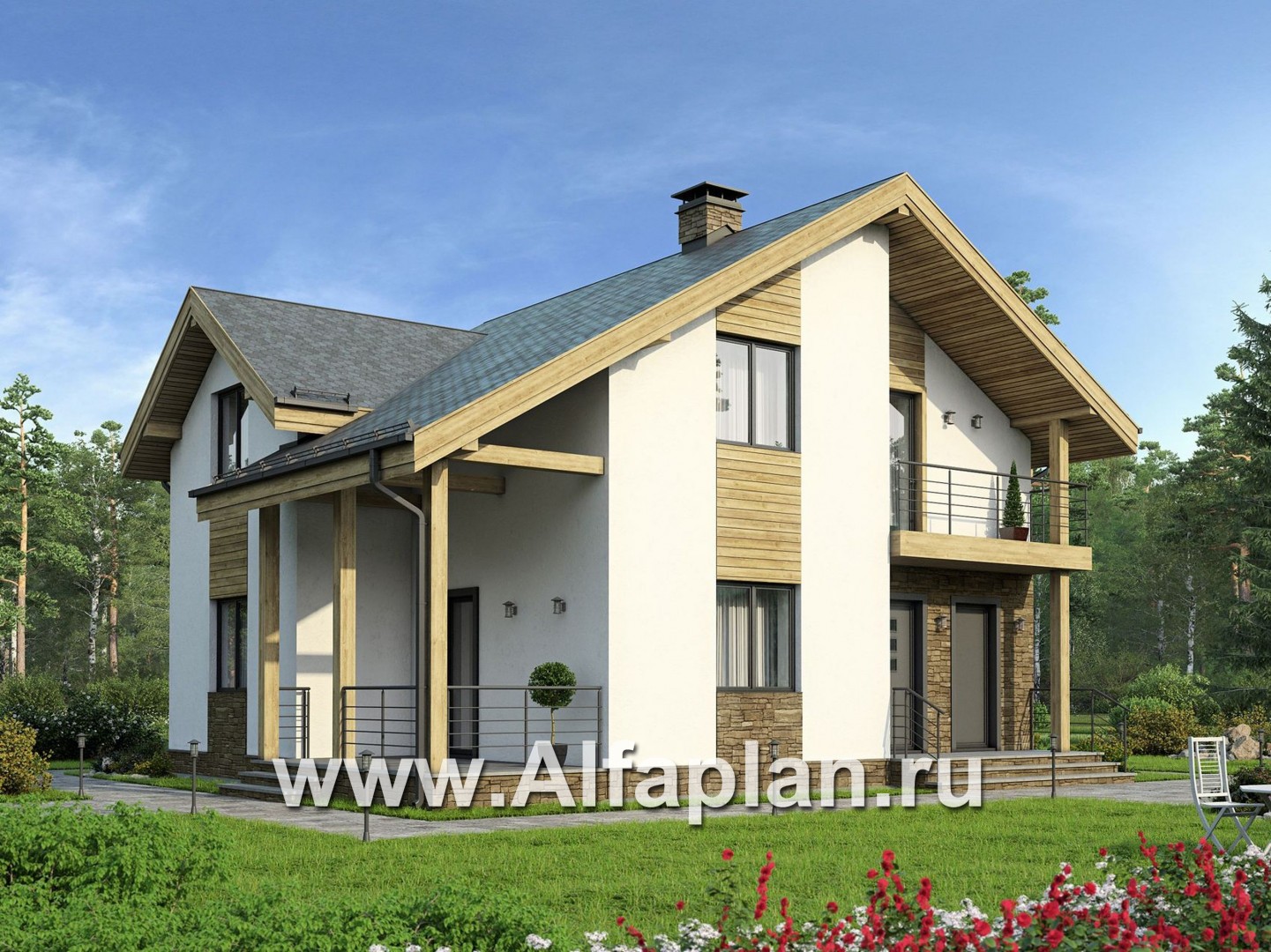 Проекты домов Альфаплан - Проект современного мансардного кирпичного дома - основное изображение