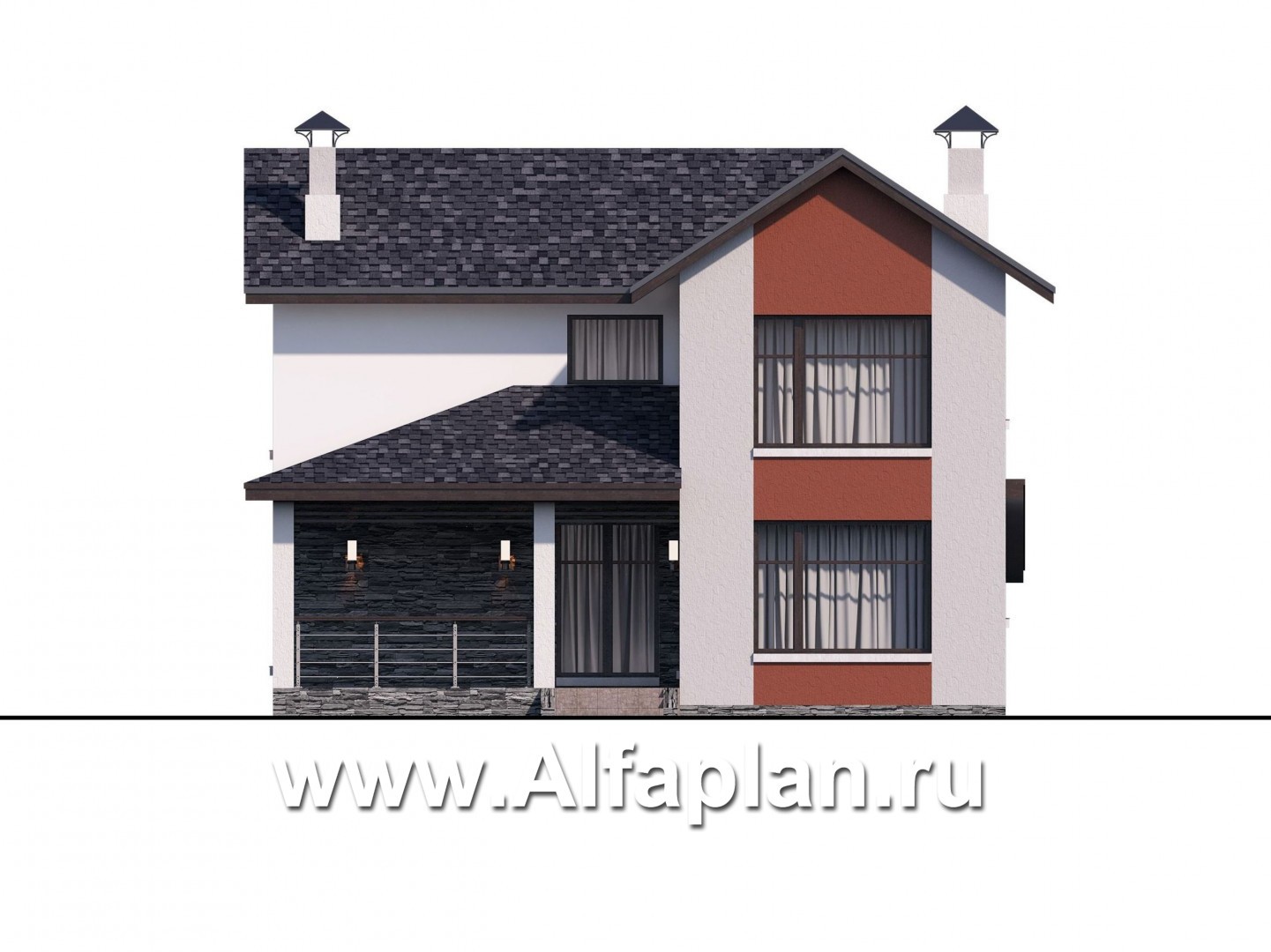 Проекты домов Альфаплан - Стильный компактный дом с гаражом-навесом - изображение фасада №2