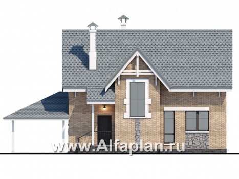 Проекты домов Альфаплан - Коттедж из кирпича «Семейное гнездо» с навесом для машины - превью фасада №4