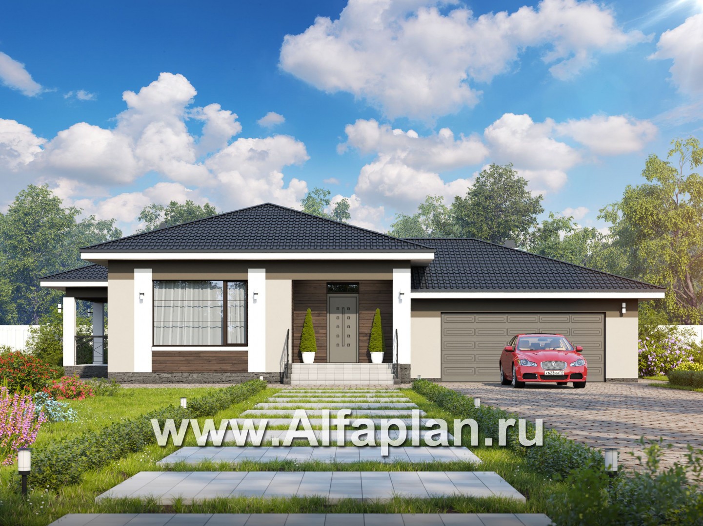 Проекты домов Альфаплан - «Ариадна» - одноэтажный дом с большим гаражом - основное изображение