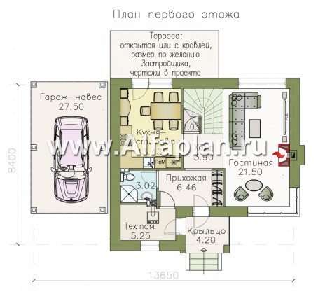 Проекты домов Альфаплан - Кирпичный дом «Карат» с гаражом навесом - превью плана проекта №1