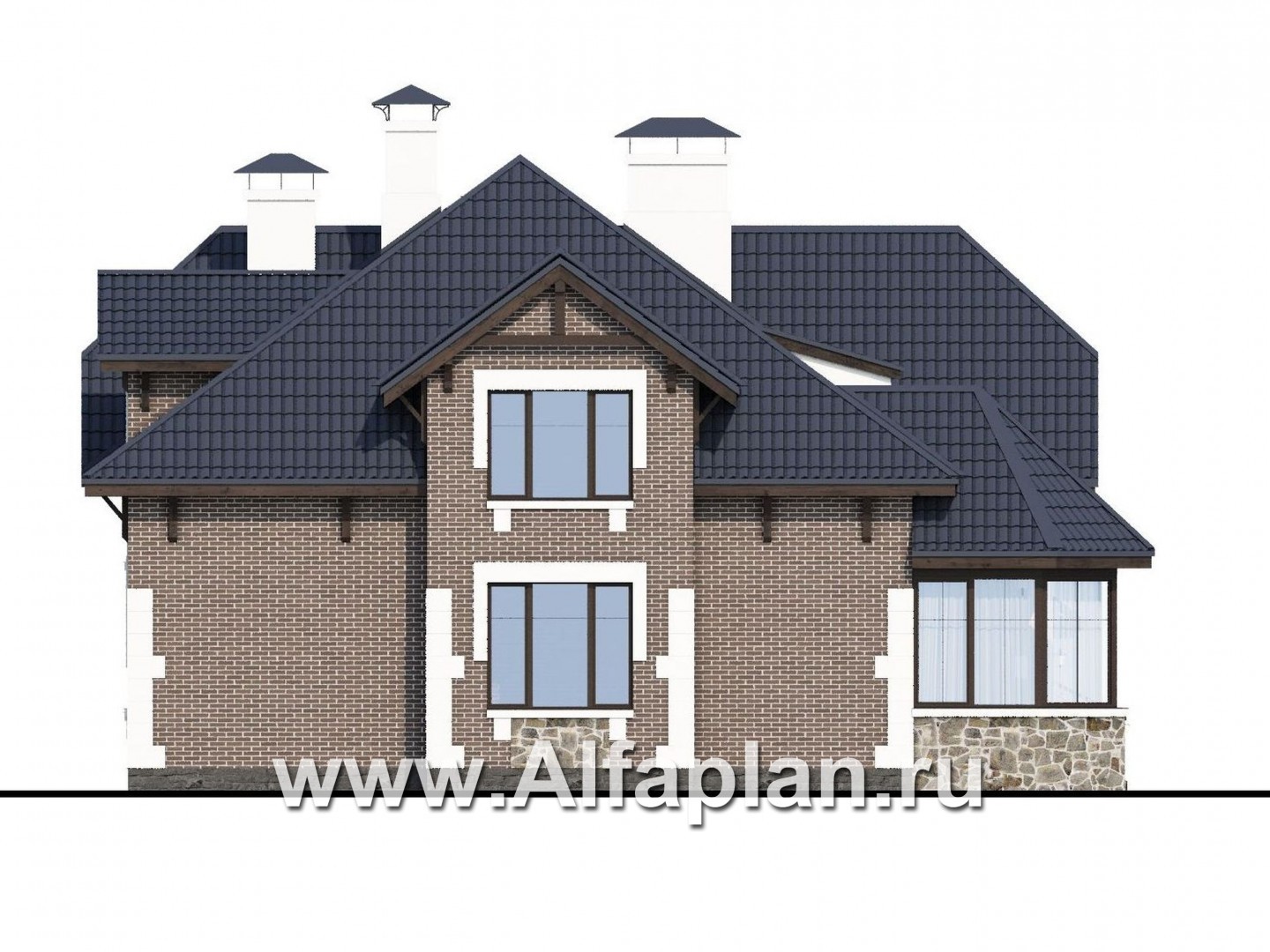 Проекты домов Альфаплан - «Корона» - коттедж с гаражом, навесом и красивым эркером - изображение фасада №3