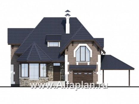 Проекты домов Альфаплан - «Корона» - коттедж с гаражом, навесом и красивым эркером - превью фасада №1