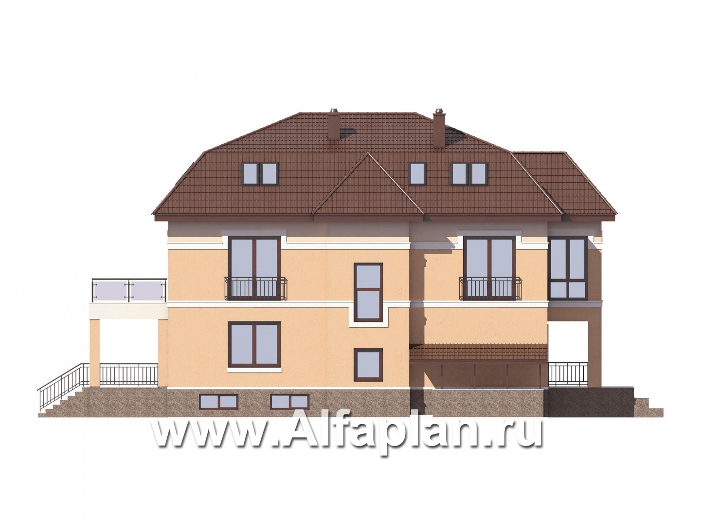 Проекты домов Альфаплан - Особняк бизнес класса с цокольным этажом и мансардой - изображение фасада №2