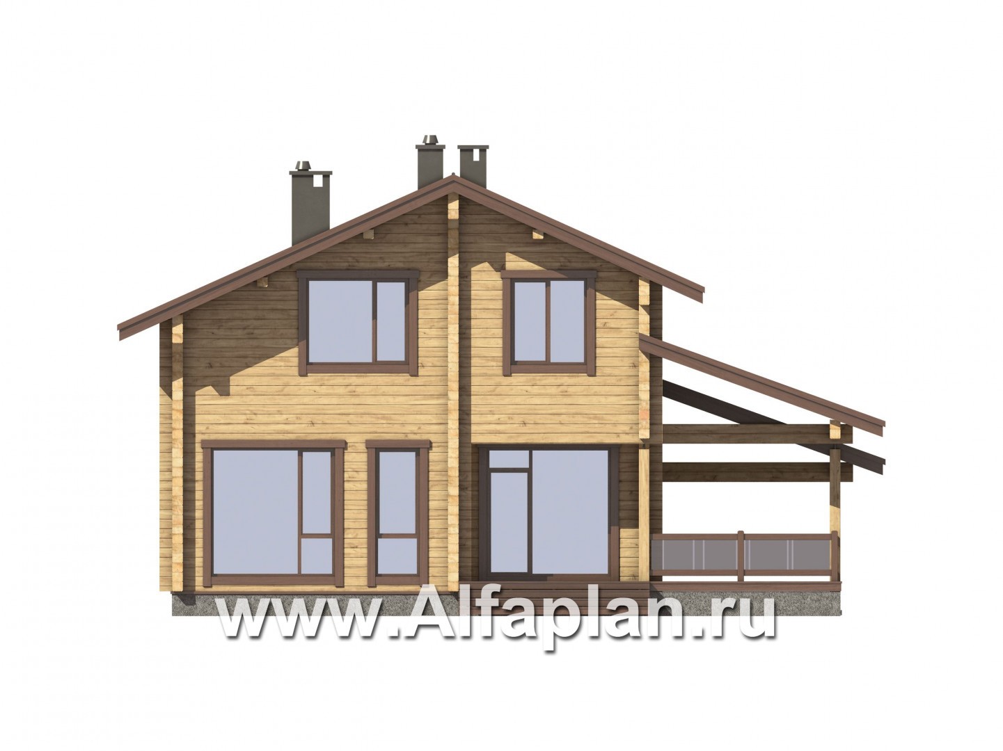 Проекты домов Альфаплан - Дом из бруса с навесом для машины и угловой террасой - изображение фасада №2