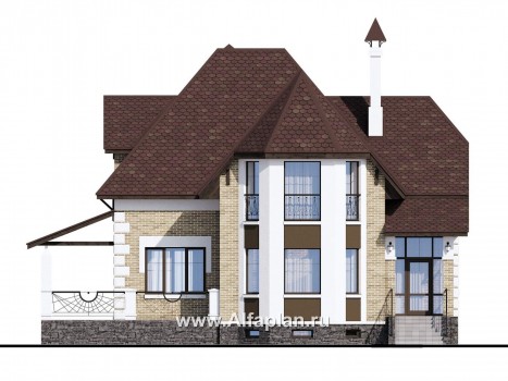 Проекты домов Альфаплан - «Клио Плюс» - коттедж с  цокольным этажом и угловой террасой - превью фасада №1