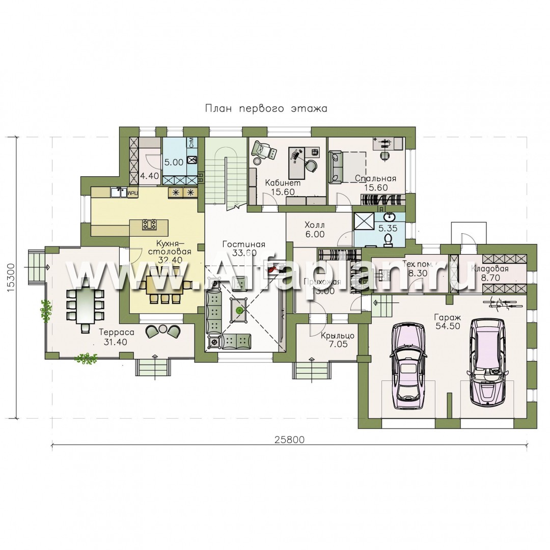 Проекты домов Альфаплан - «Арно» - классический особняк с двусветной столовой и большим гаражом - план проекта №1