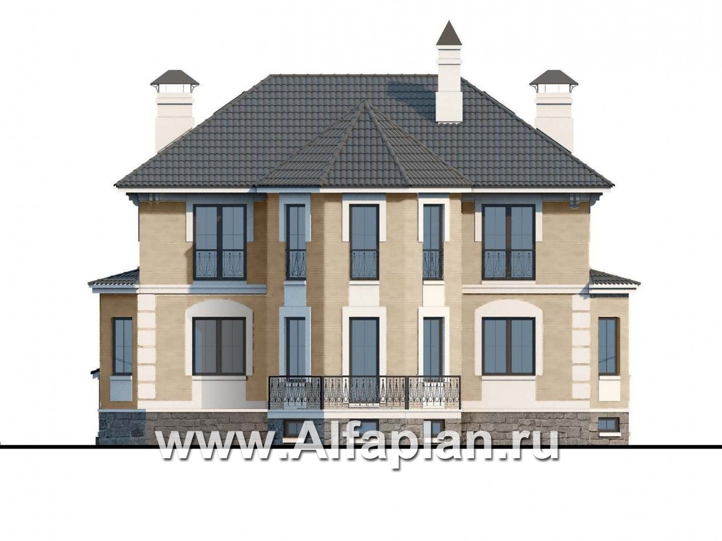 Проекты домов Альфаплан - «Головин плюс» - аристократический коттедж с бассейном в цоколе - изображение фасада №4