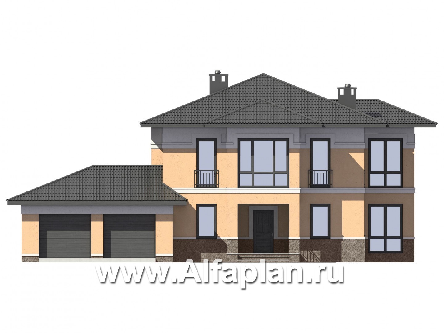 Проекты домов Альфаплан - Двухэтажный коттедж с большим гаражом - изображение фасада №1