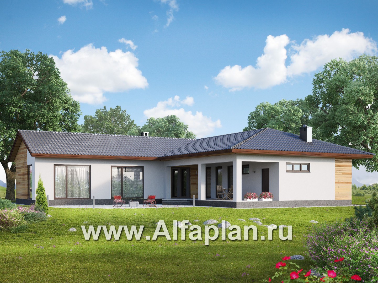 Проекты домов Альфаплан - Одноэтажный дом для углового участка - дополнительное изображение №1