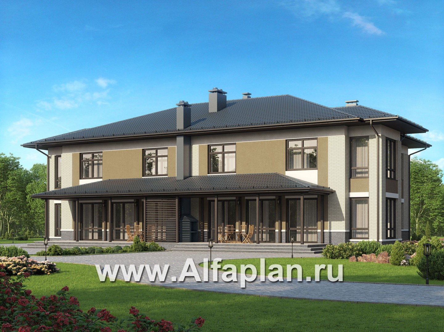 Проекты домов Альфаплан - Дом на две семьи с большими террасами-барбекю - дополнительное изображение №1