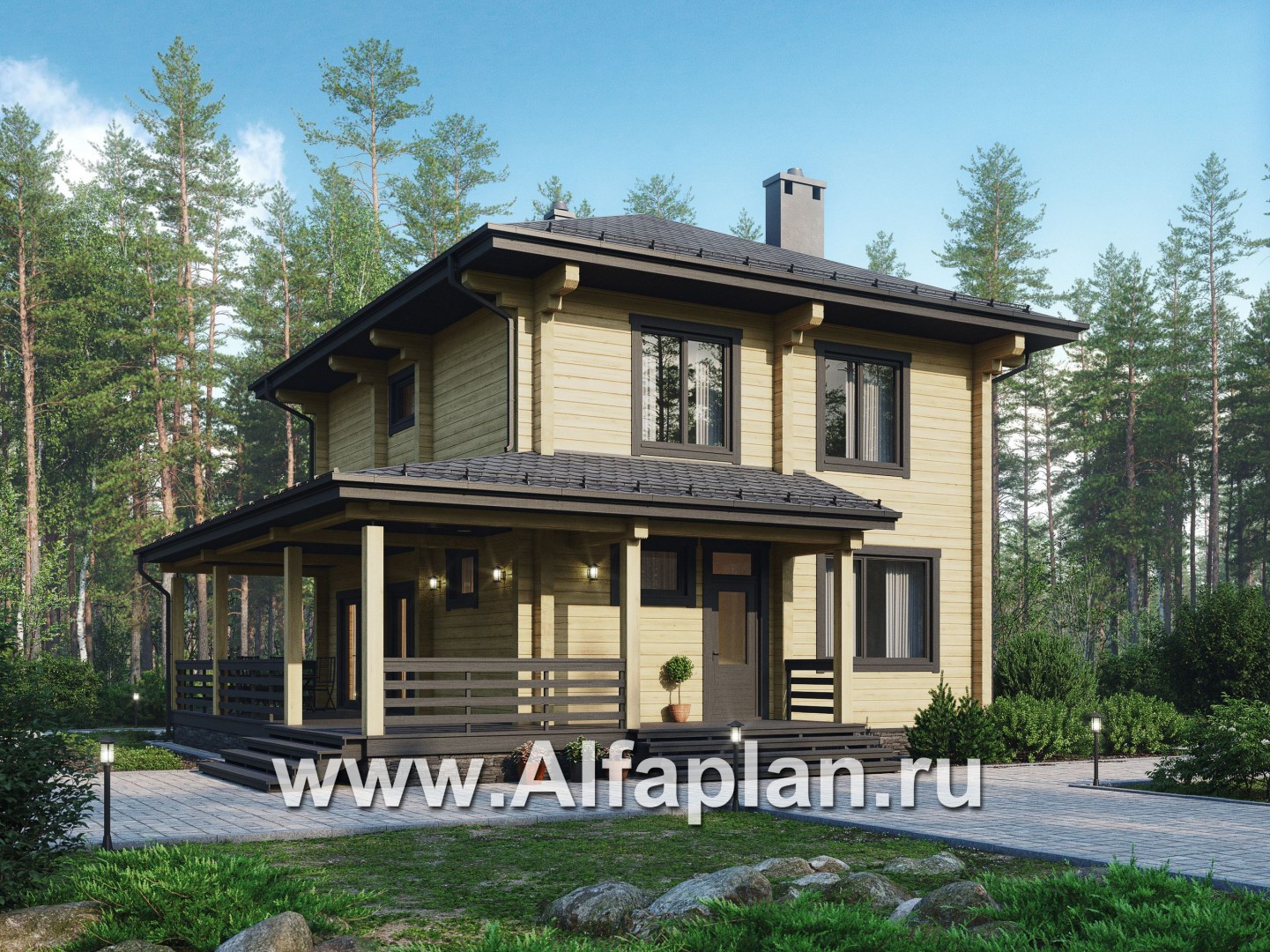 Проекты домов Альфаплан - Двухэтажный деревянный дом с террасой - основное изображение