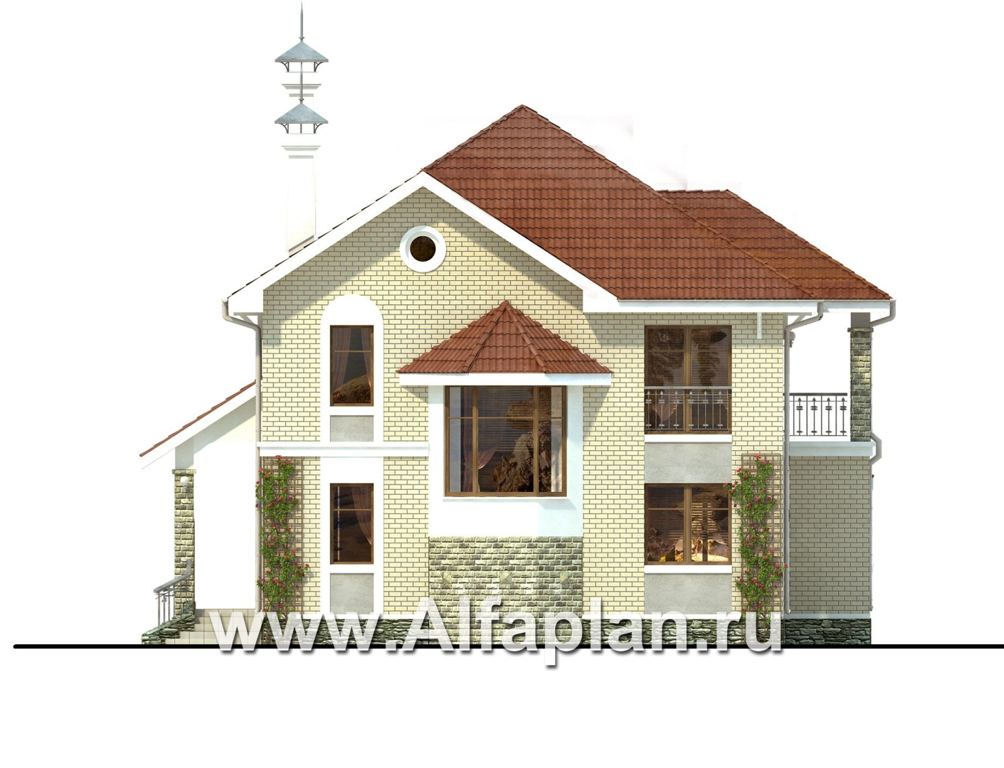 Проекты домов Альфаплан - «Лавиери Плюс»- проект дома с изящным крыльцом и эркером - изображение фасада №1