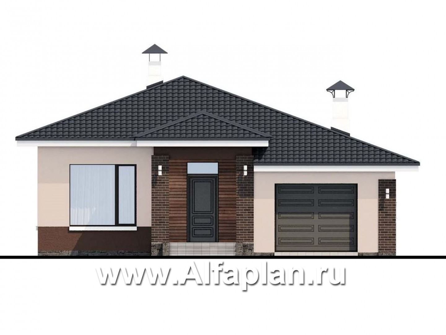 Проекты домов Альфаплан - «Каллиопа» - одноэтажный дом с террасой и гаражом (три спальни) - изображение фасада №1