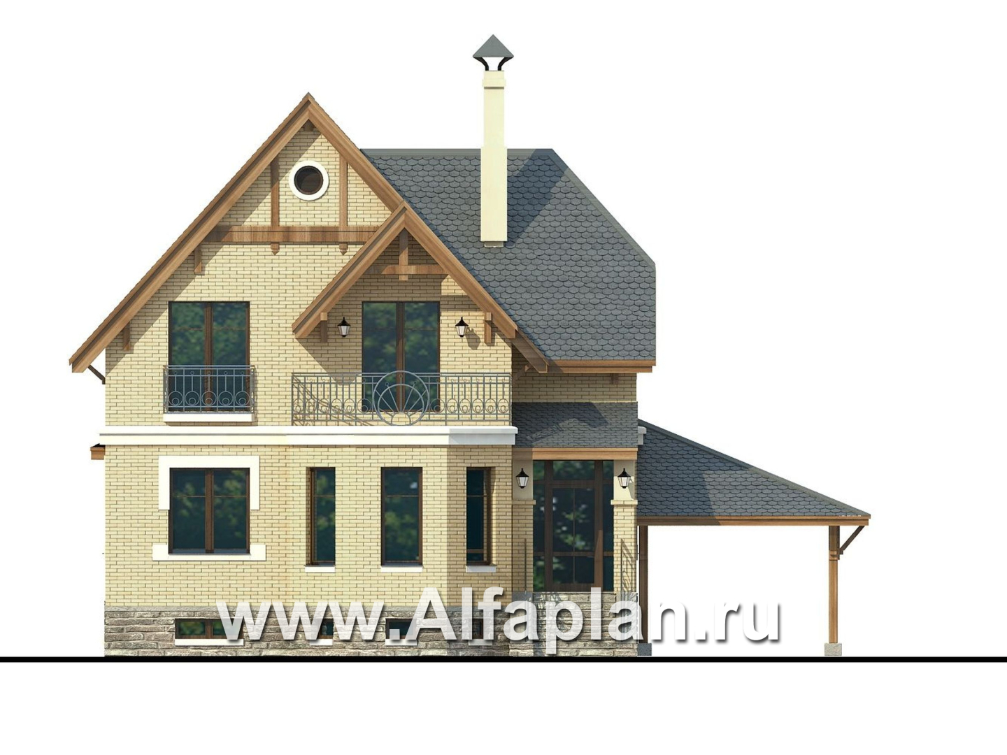 Проекты домов Альфаплан - Дом из газобетона «Шевалье плюс» с цокольным этажом - изображение фасада №1