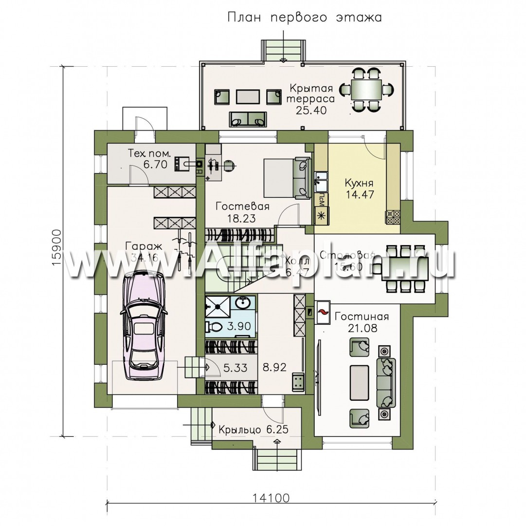 Проекты домов Альфаплан - «Борей» - стильный коттедж с односкатной крышей - план проекта №1